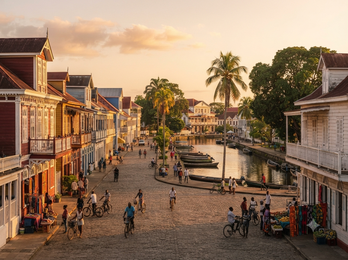 Centre historique de Paramaribo avec architecture coloniale colorée en bois et canaux