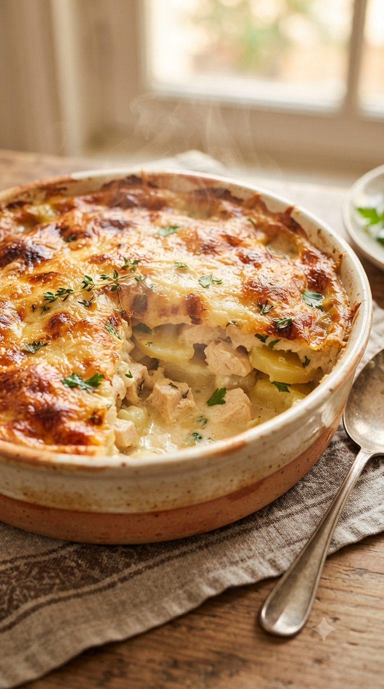 Pom doré et gratiné sortant du four, texture crémeuse avec morceaux de poulet visibles