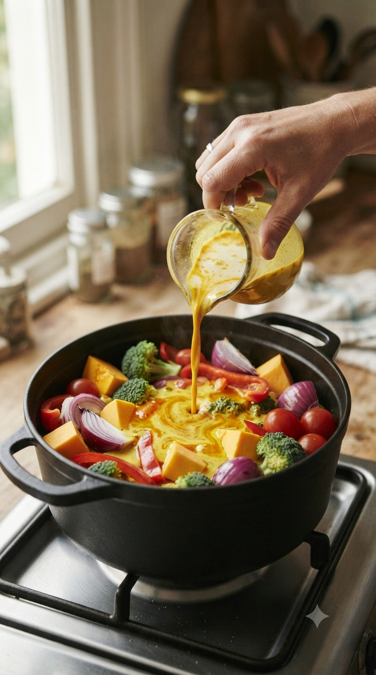 Main versant du curcuma et du lait de coco sur des légumes déjà disposés dans une marmite