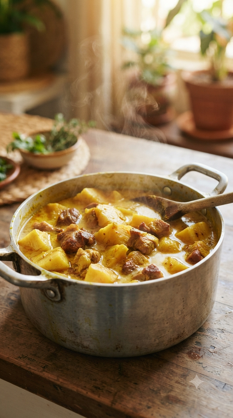 Marmite traditionnelle remplie d'oil down fumant, teinte jaune dorée du curcuma avec fruit à pain