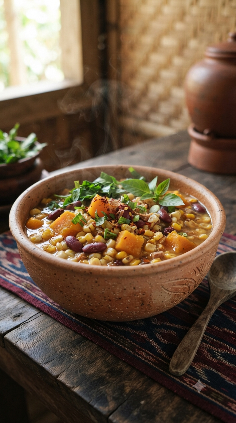 Bol de batar da'an fumant, grains de maïs concassé, haricots rouges et morceaux de courge