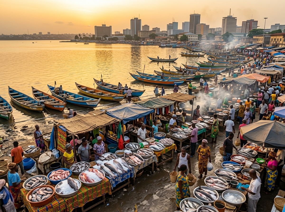 Marché de poisson en bord de la lagune Ébrié à Abidjan avec pirogues de pêcheurs