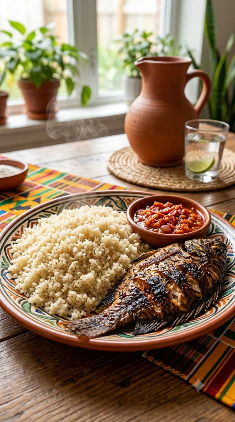 Assiette d'attiéké fumant, semoule de manioc granuleuse accompagnée d'un poisson entier grillé