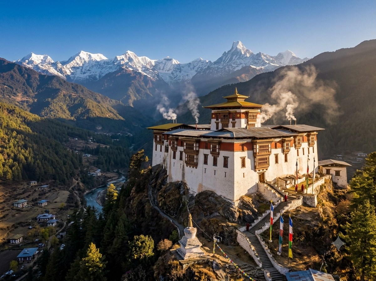Monastère bhoutanais perché à flanc de montagne avec sommets himalayens enneigés