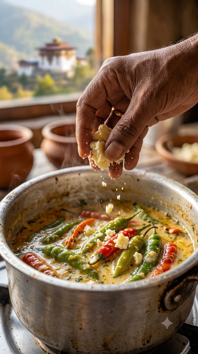 Main émiettant du fromage local dans une casserole de piments entiers mijotant