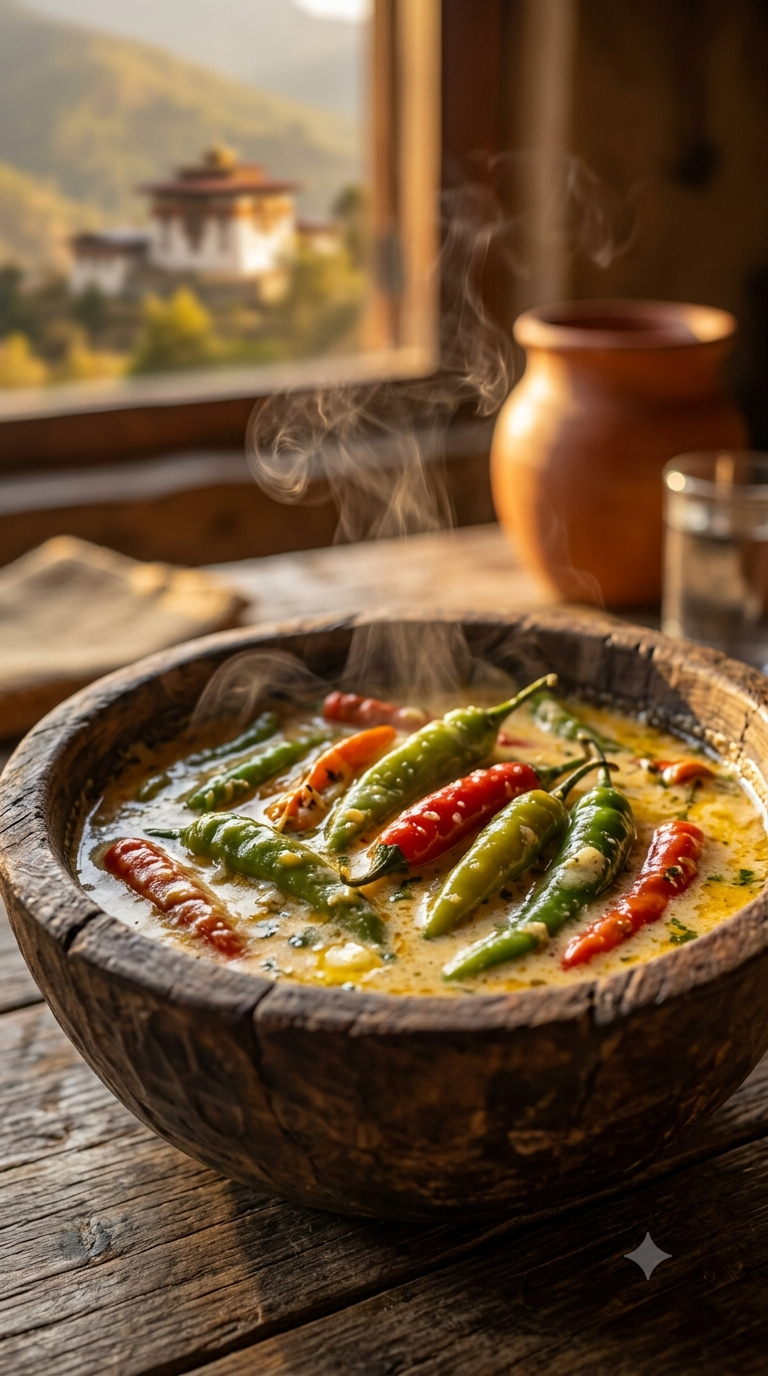 Bol en bois rempli d'ema datshi fumant, piments verts et rouges entiers baignant dans une sauce au fromage