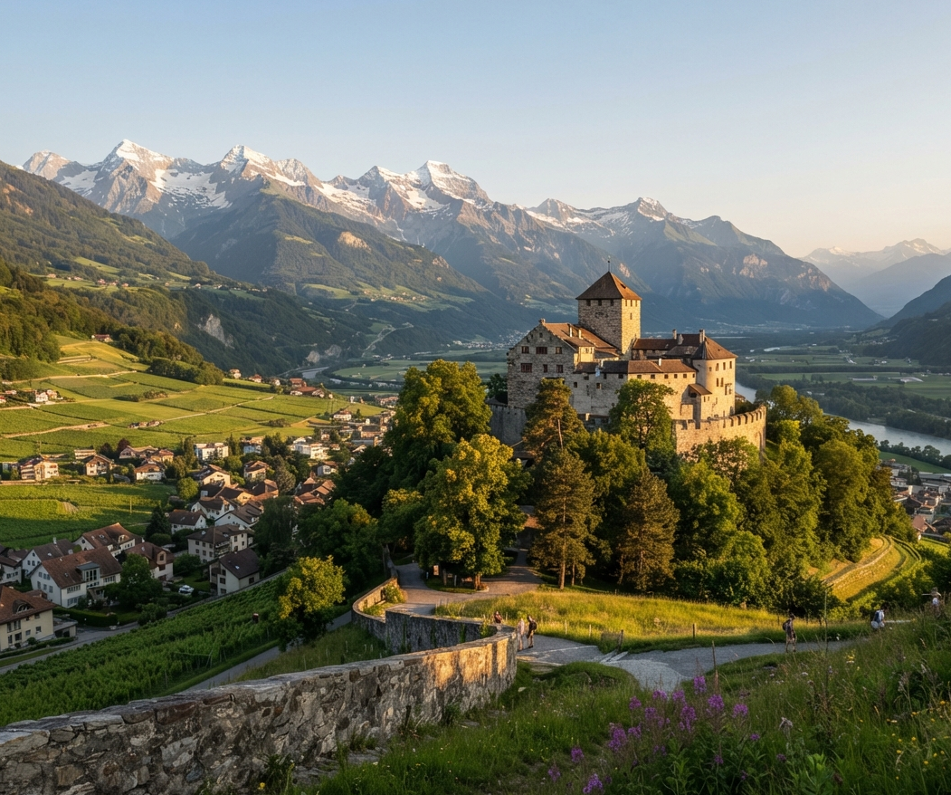 Château de Vaduz perché sur une colline avec sommets alpins enneigés en arrière-plan