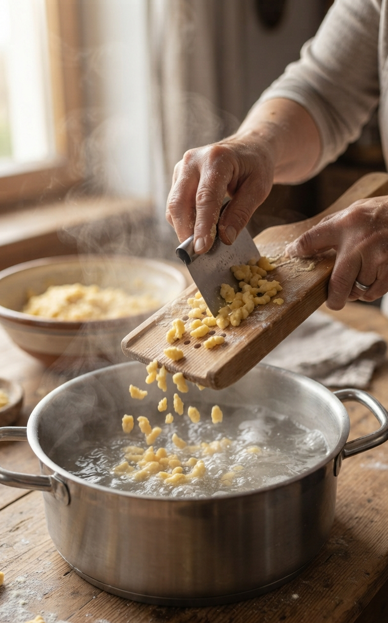 Mains façonnant à l'aide d'une planche à spätzle de petites pâtes fraîches tombant dans l'eau bouillante