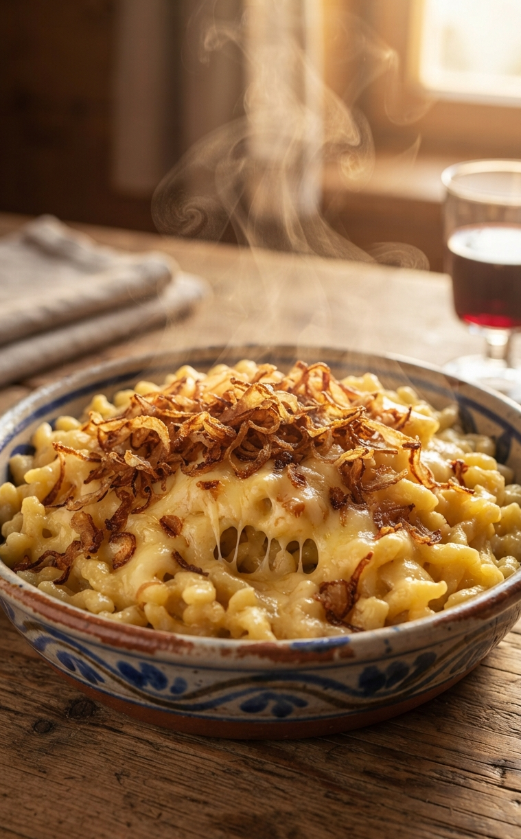 Plat de käsknöpfle gratiné, petites pâtes fraîches enrobées de fromage fondu et couronnées d'oignons frits