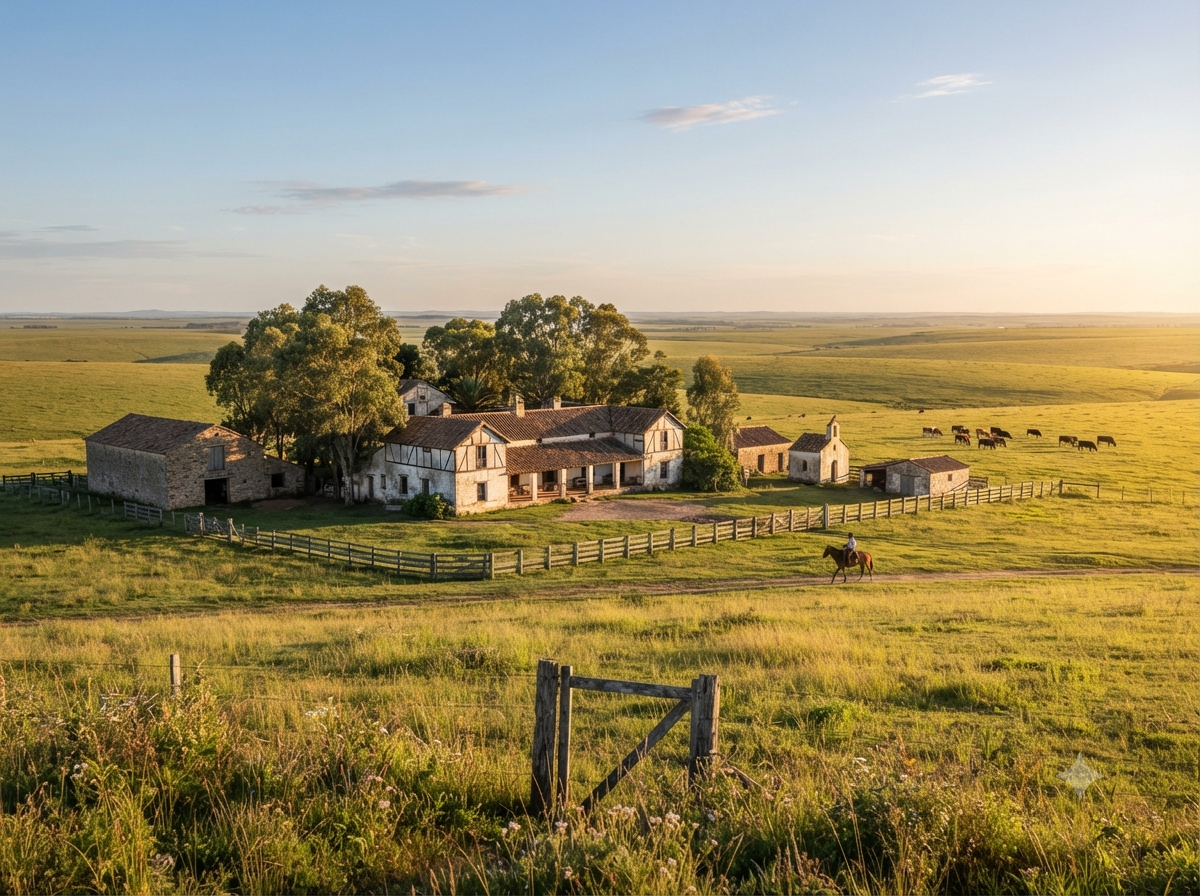 Estancia traditionnelle uruguayenne entourée de plaines herbeuses à perte de vue