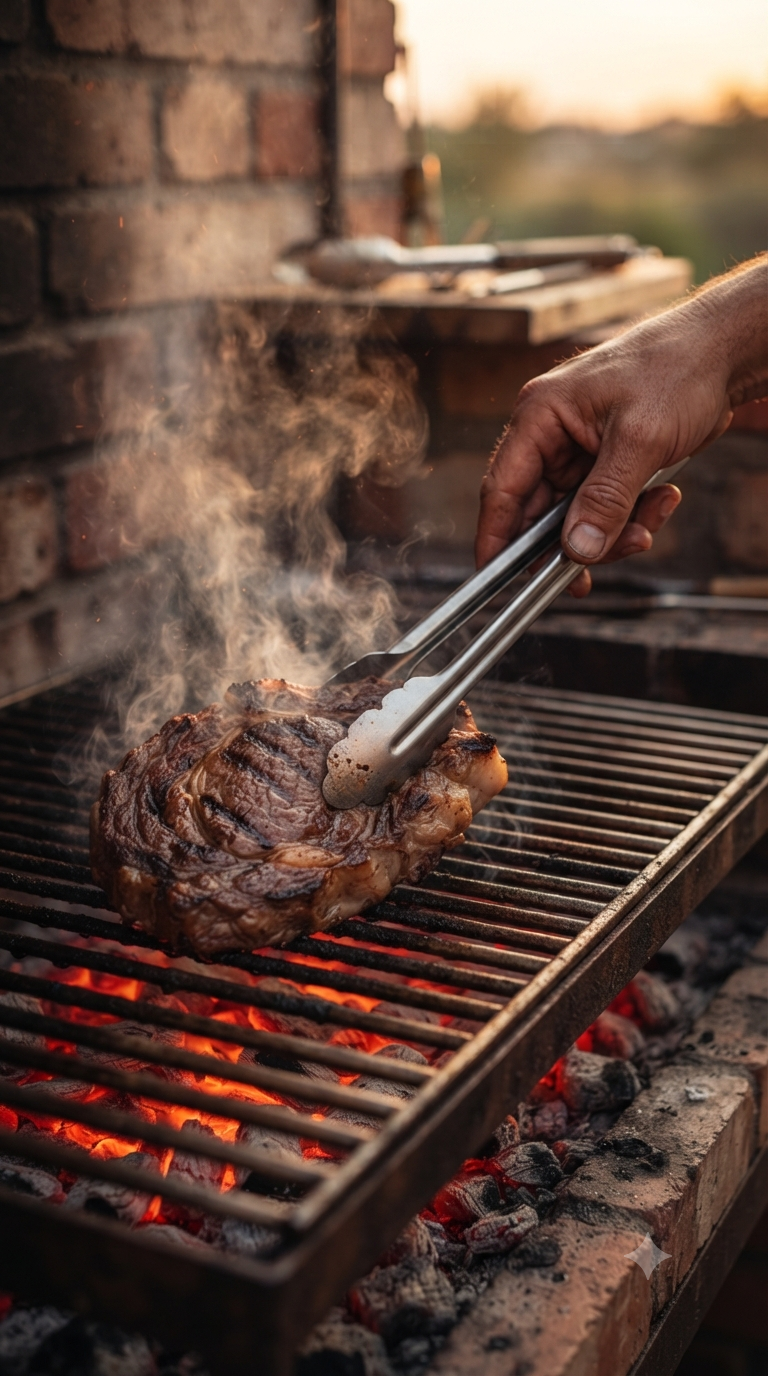Main retournant un morceau de viande sur une grille métallique au-dessus de braises rougeoyantes