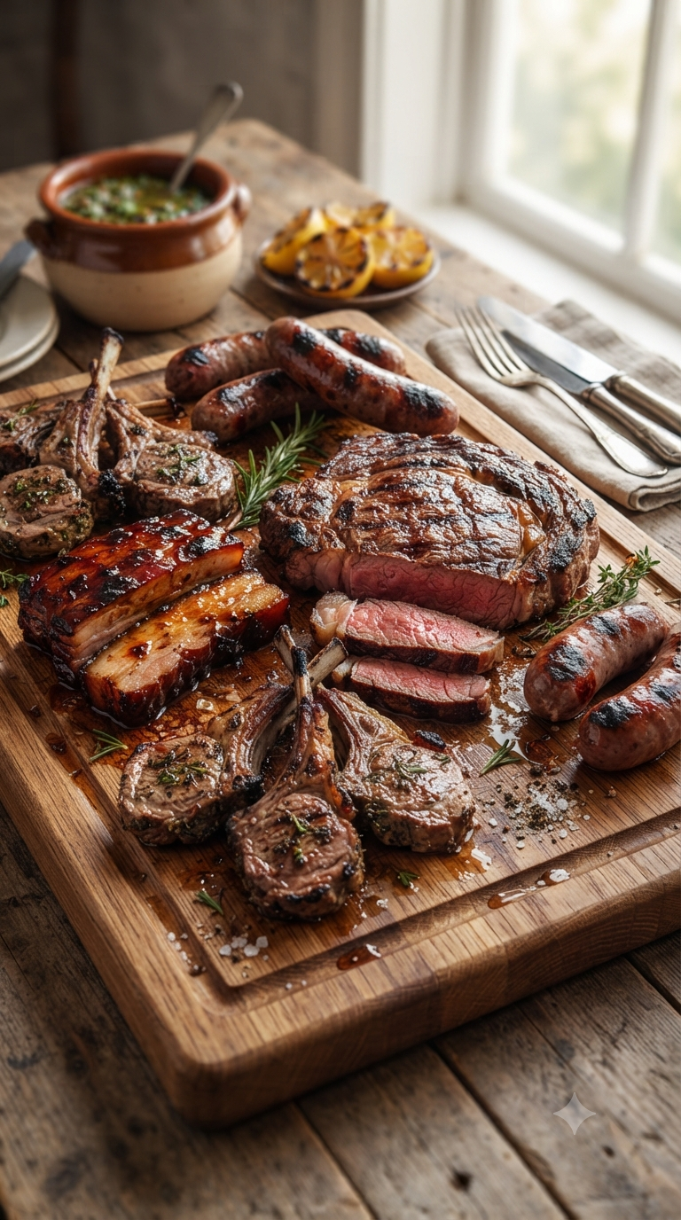 Différentes pièces de viande grillées et caramélisées disposées sur une planche en bois massif
