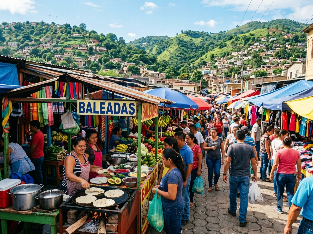 Marché de rue à Tegucigalpa avec étals colorés vendant des baleadas, collines en arrière-plan