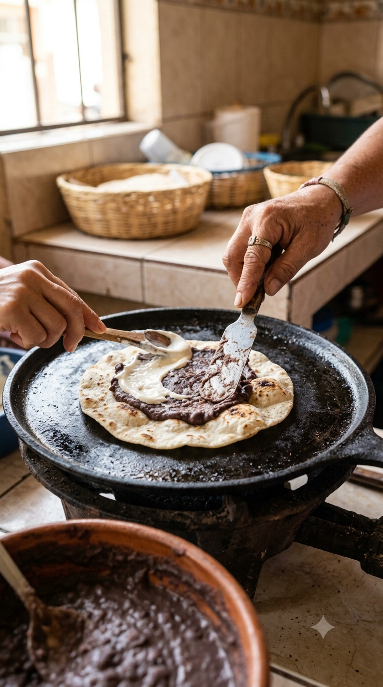 Mains étalant des haricots frits et de la crème sur une tortilla épaisse chauffant sur un comal