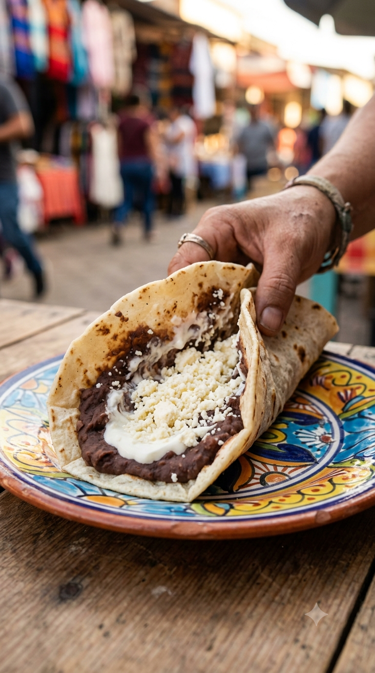 Baleada hondurienne pliée entrouverte révélant haricots frits, crème et fromage