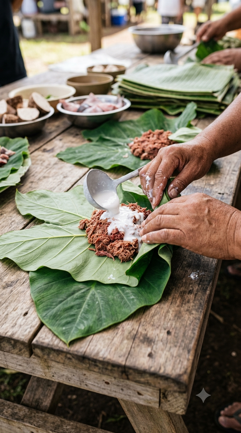 Mains enveloppant du bœuf corned et du lait de coco dans des feuilles de taro superposées