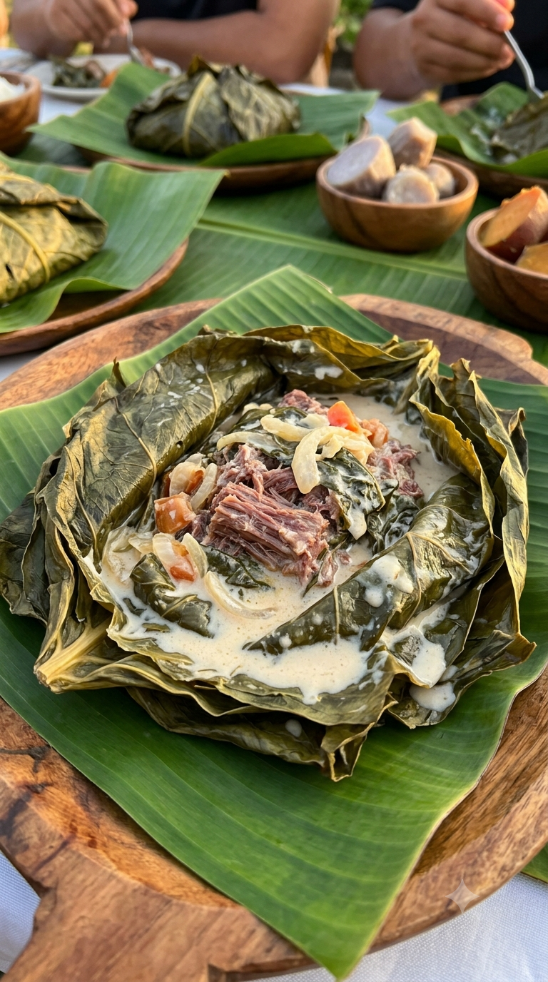 Paquet de lu pulu entrouvert, feuilles de taro fondantes révélant du bœuf corned baignant dans du lait de coco