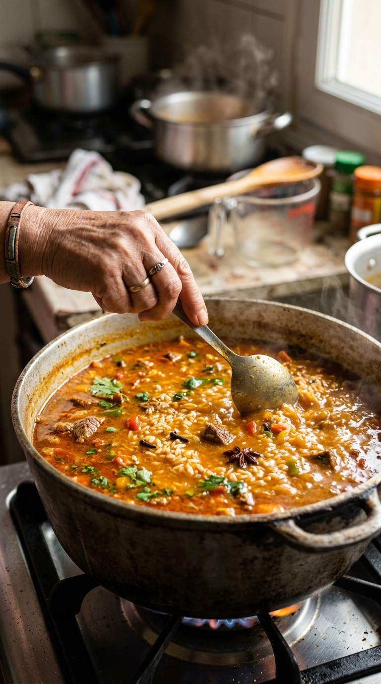Main remuant du riz dans un bouillon de viande épicé et coloré dans une marmite traditionnelle