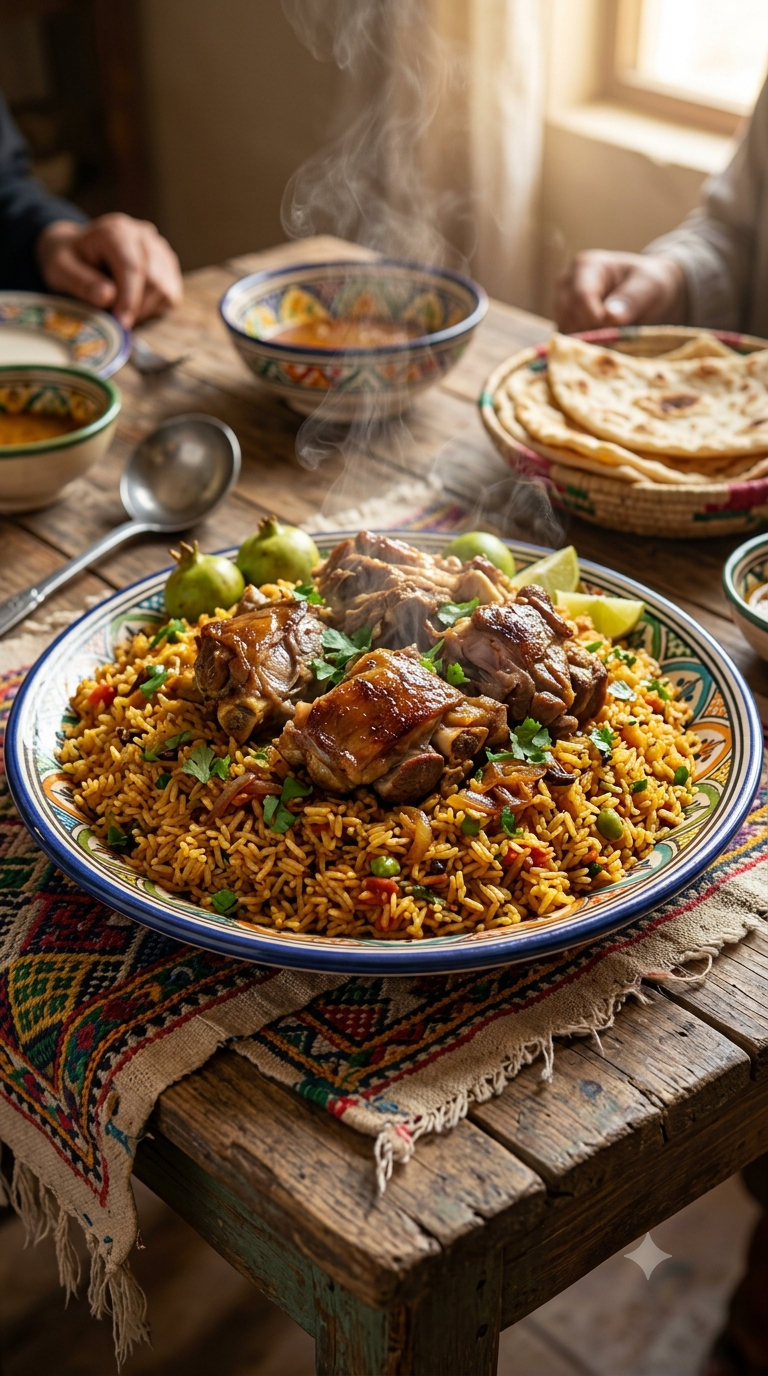 Grand plat de skoudehkaris fumant, riz teinté d'épices et morceaux de viande tendres