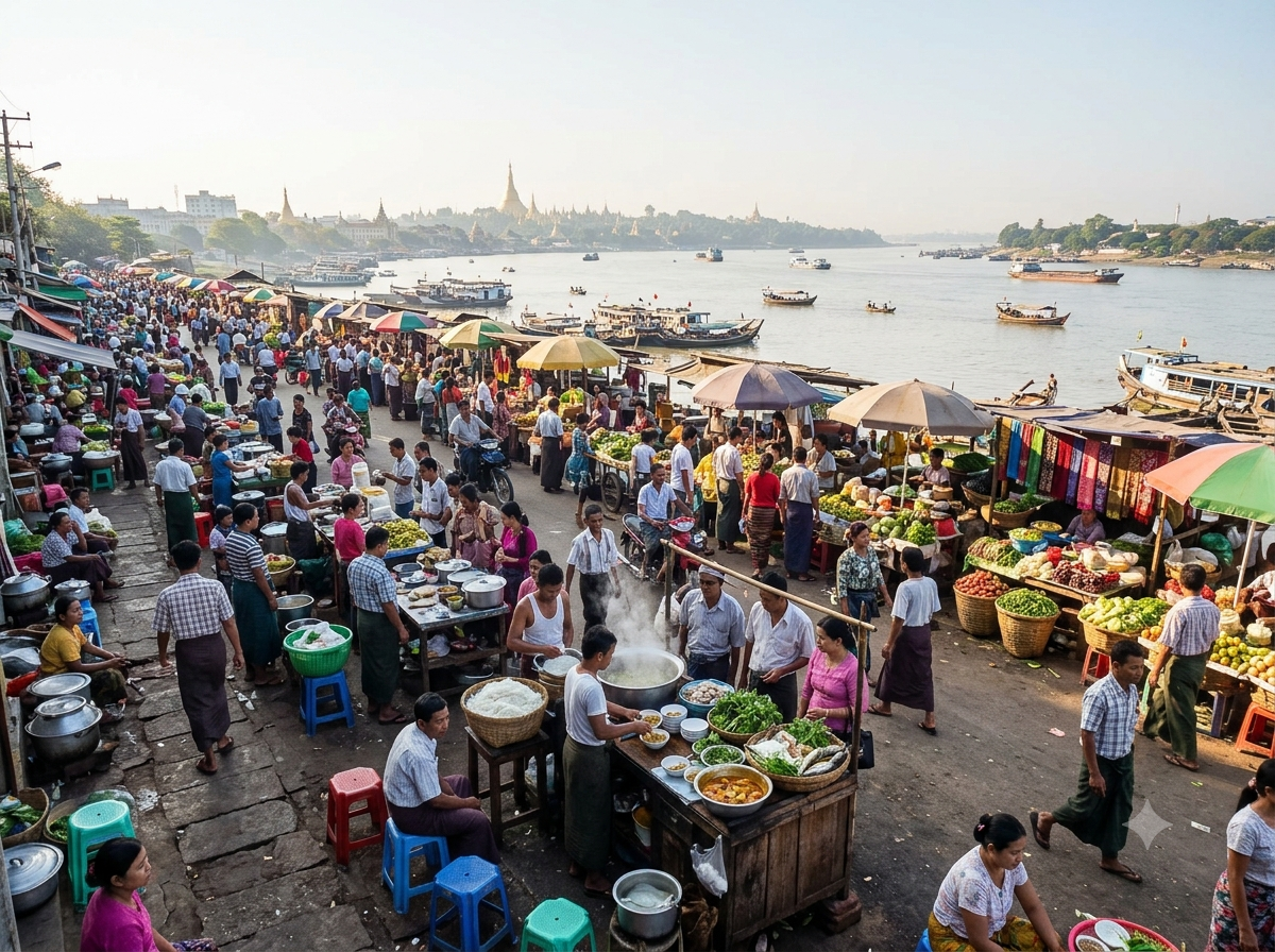Marché matinal à Yangon avec étals de rue vendant du mohinga, fleuve Irrawaddy en arrière-plan