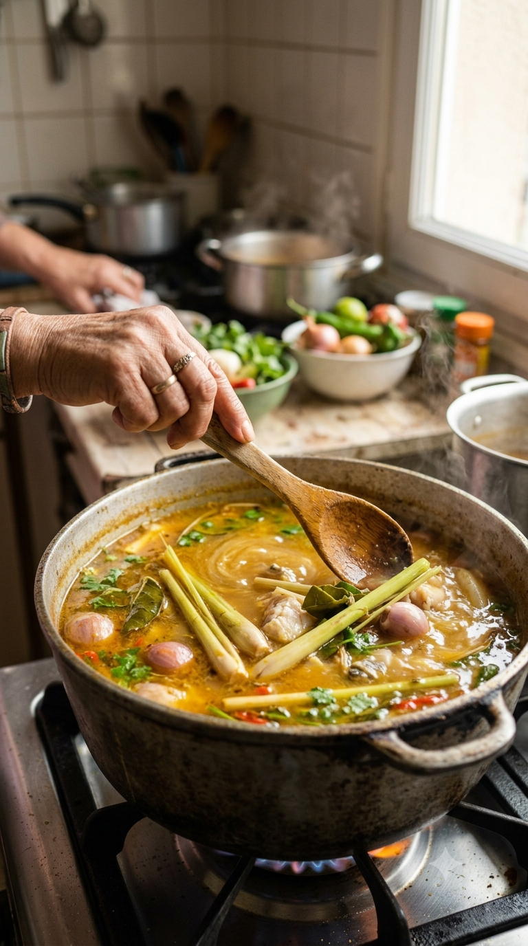 Main remuant un bouillon de poisson parfumé à la citronnelle dans une marmite traditionnelle