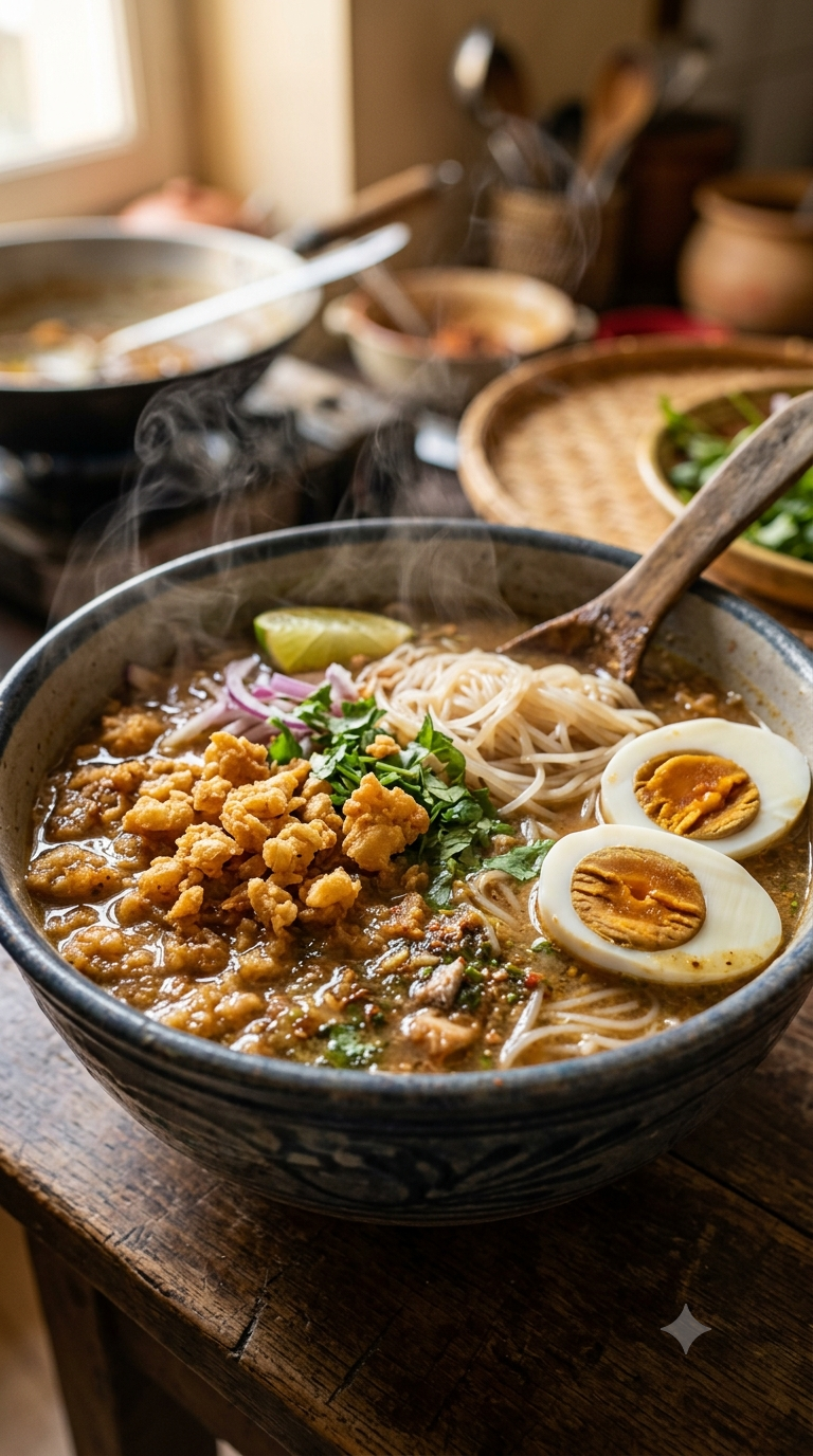 Bol de mohinga fumant, nouilles de riz baignant dans un bouillon de poisson parfumé, œuf dur et beignets