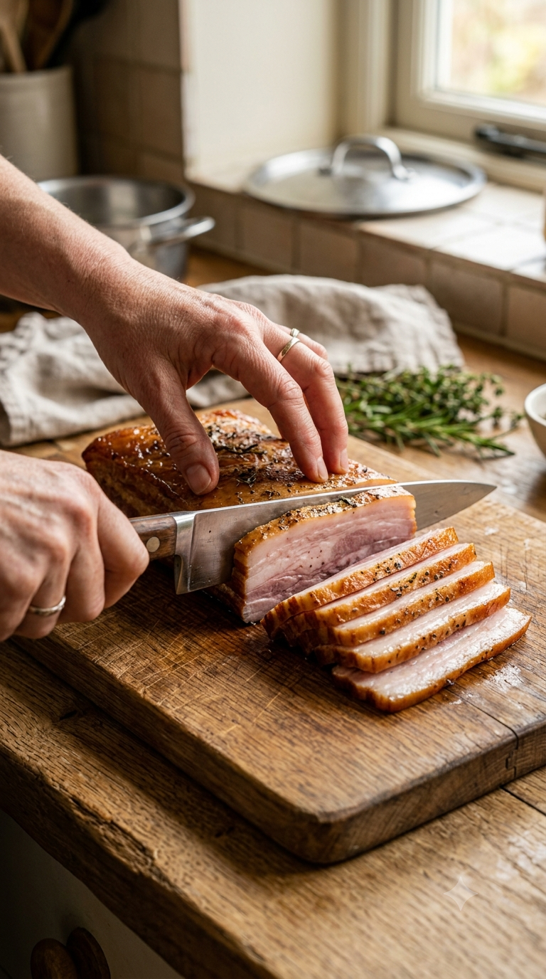 Mains tranchant une poitrine de porc fumée cuite en tranches régulières sur une planche en bois