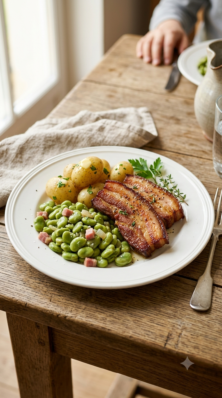 Tranches de poitrine de porc fumée dorées, accompagnées de fèves des marais et de pommes de terre
