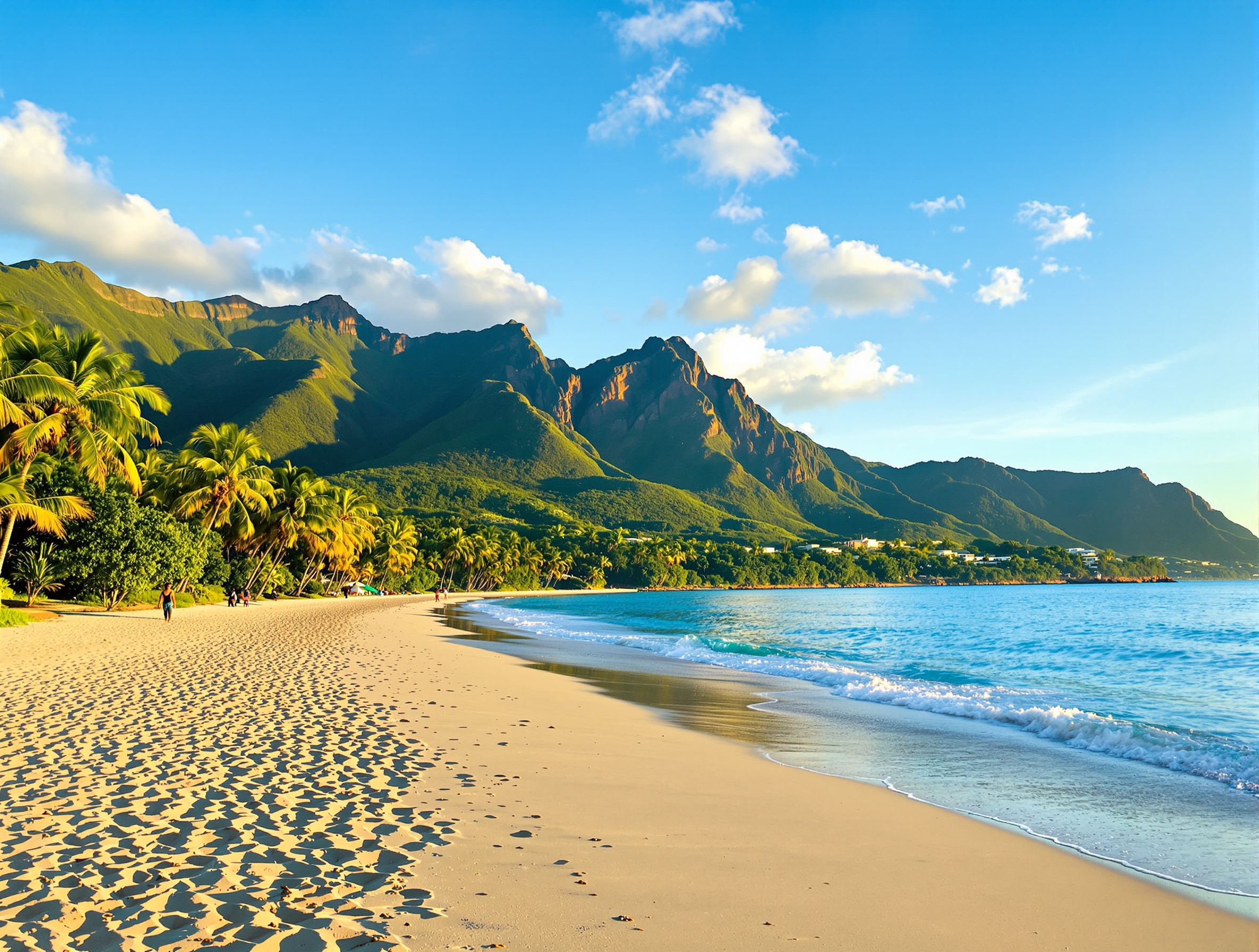 Plage de la côte vénézuélienne avec montagnes verdoyantes et palmiers en arrière-plan