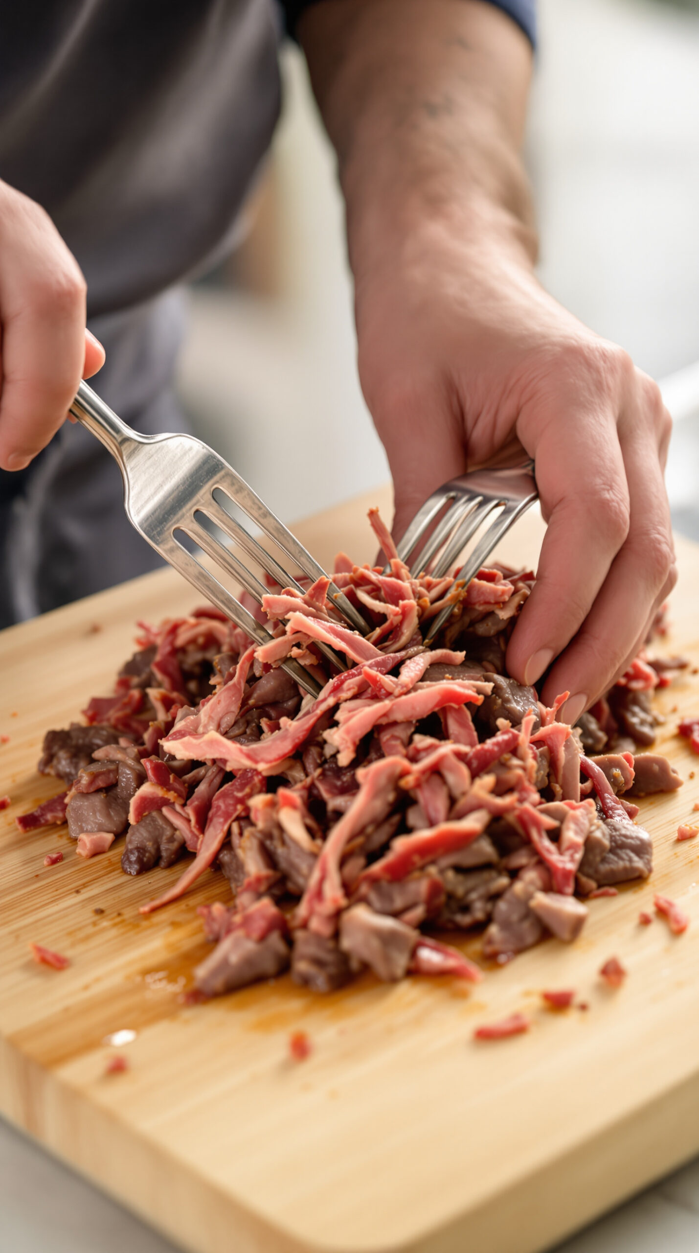 Mains effilochant du bœuf cuit à l'aide de deux fourchettes sur une planche en bois clair