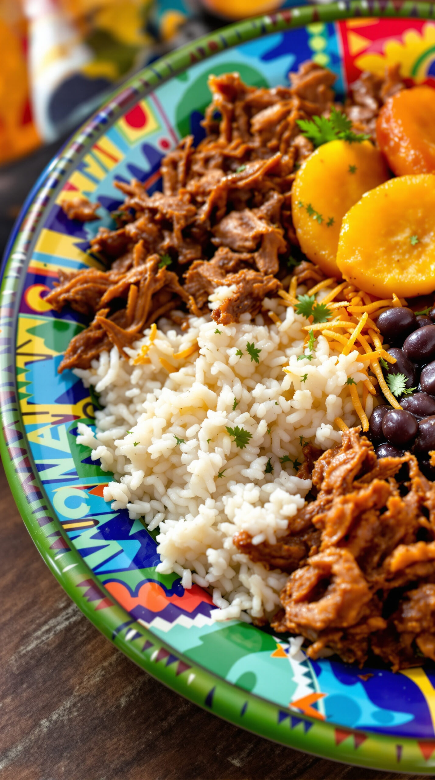 Assiette de pabellón criollo, bœuf effiloché, riz blanc, haricots noirs et banane plantain frite bien distincts