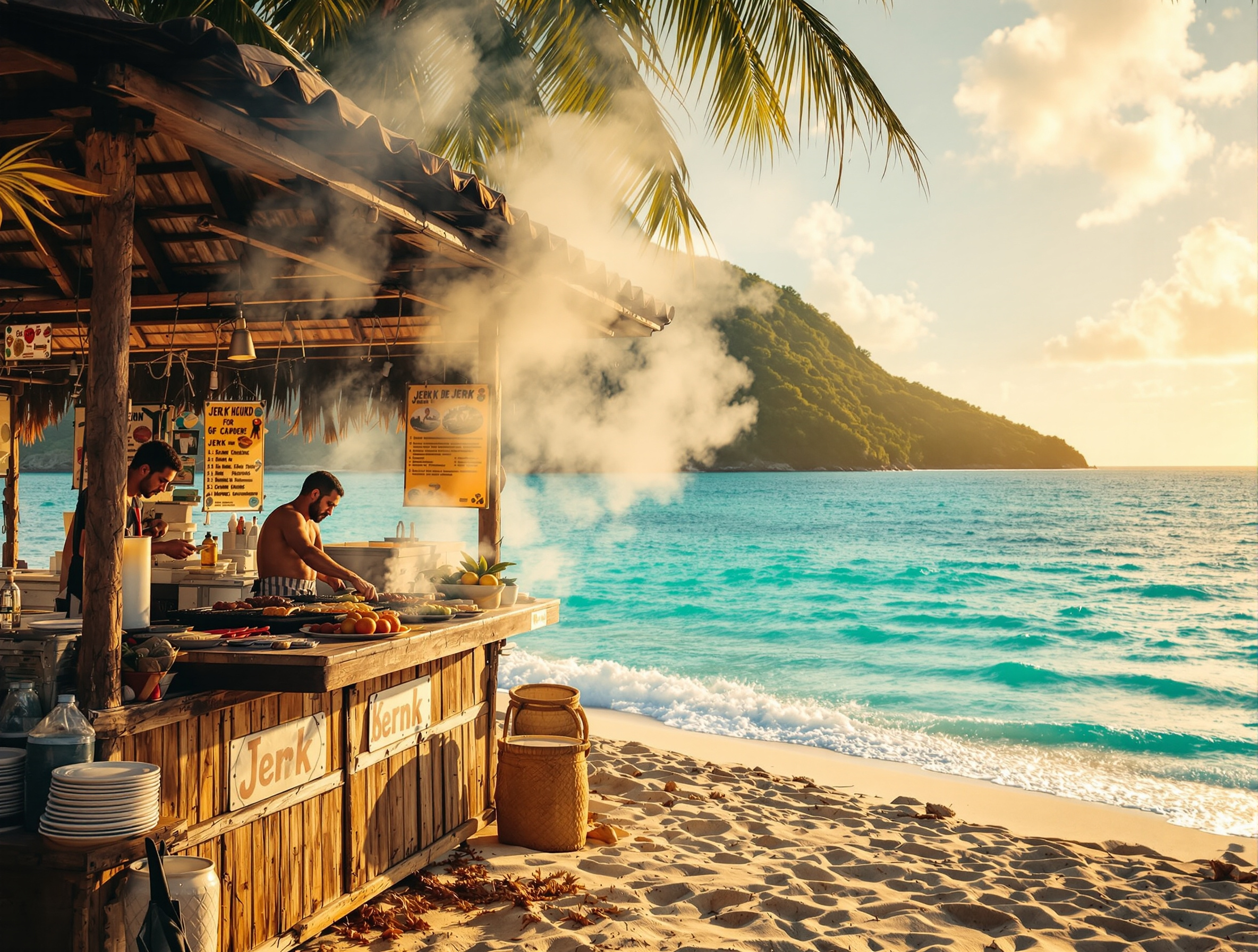 Stand de jerk en bord de plage en Jamaïque, fumée s'échappant du gril, mer turquoise en arrière-plan