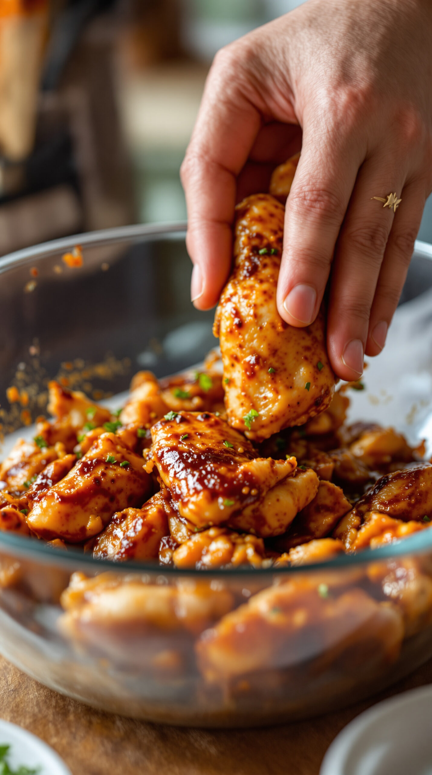 Mains massant des morceaux de poulet avec une marinade épicée sombre dans un saladier en verre