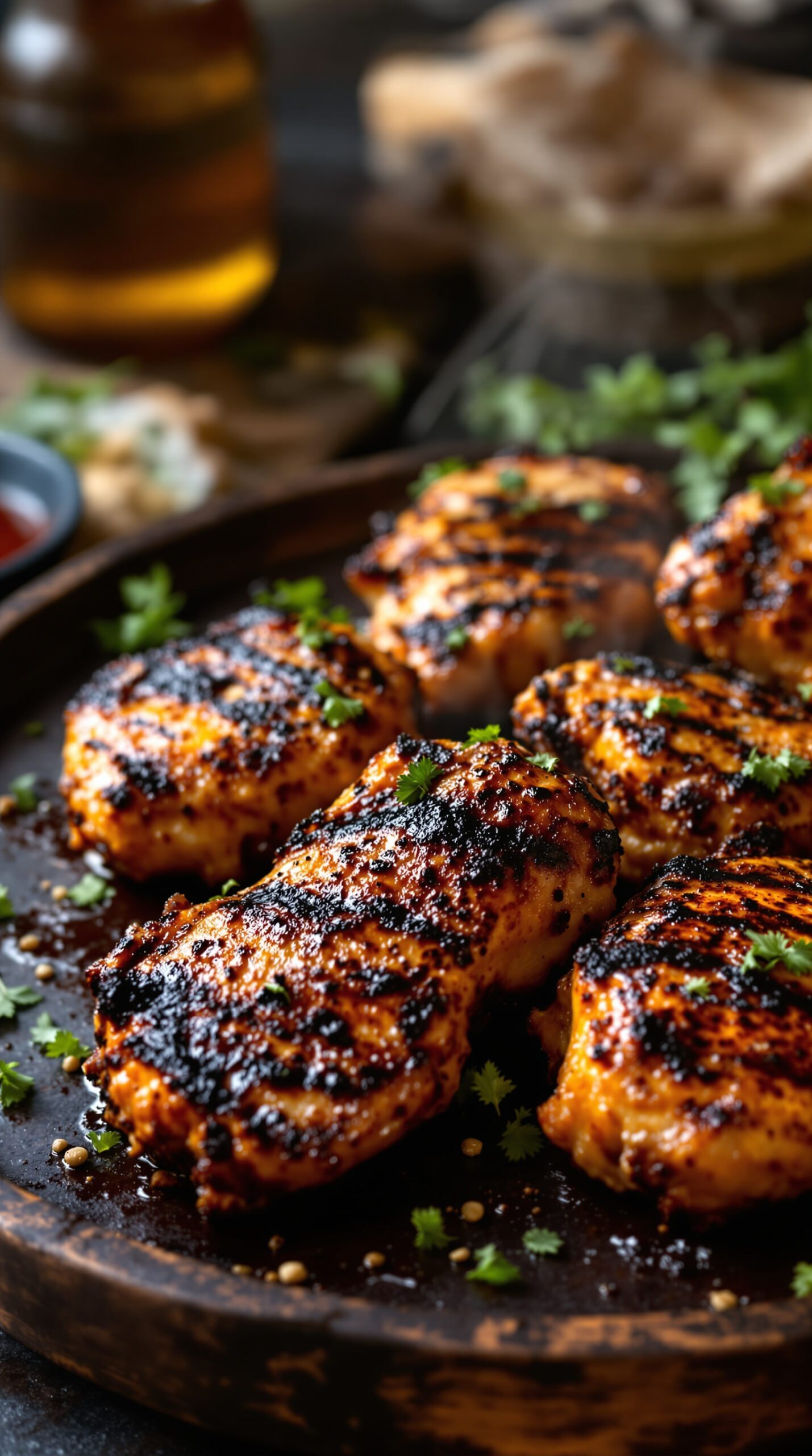 Morceaux de poulet jerk grillés et fumants, peau marquée par le feu et enrobée d'épices sombres