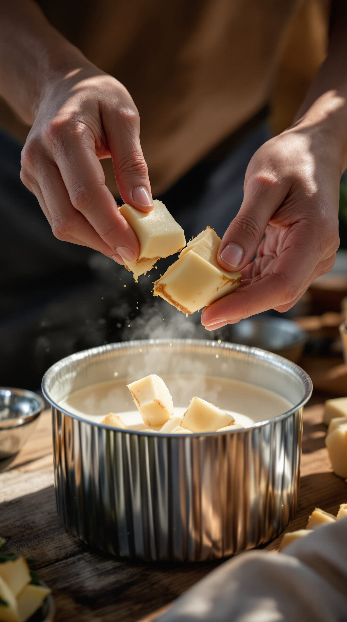 Mains ajoutant des morceaux de pulaka dans une marmite remplie de lait de coco frémissant