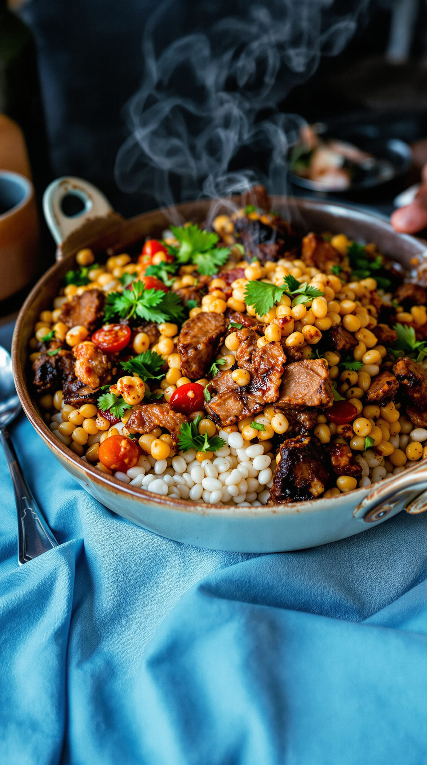 Assiette en émail coloré africain remplie de sishwala fumant, bouillie de maïs ferme accompagnée d'un ragoût de viande