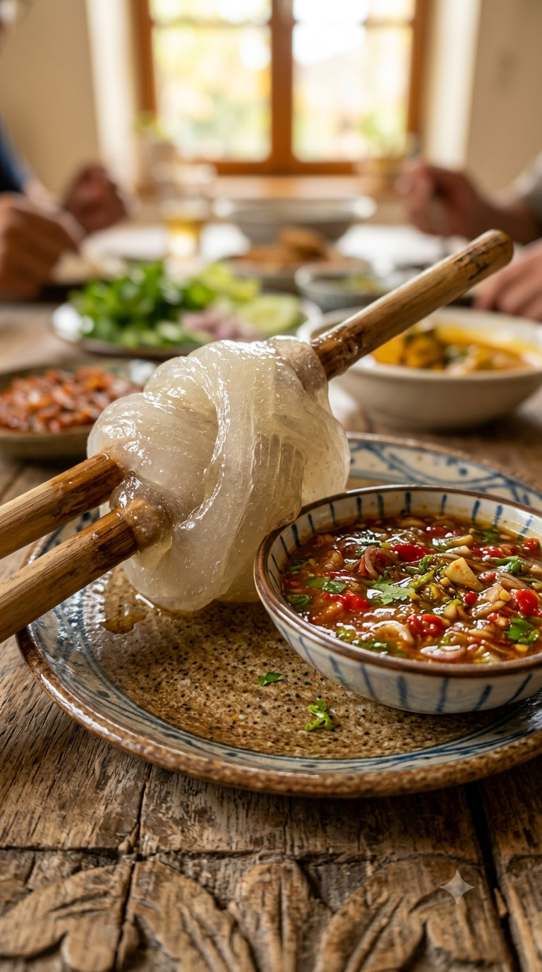Ambuyat translucide et visqueux enroulé autour de baguettes candas, sauce aigre-douce servie à côté