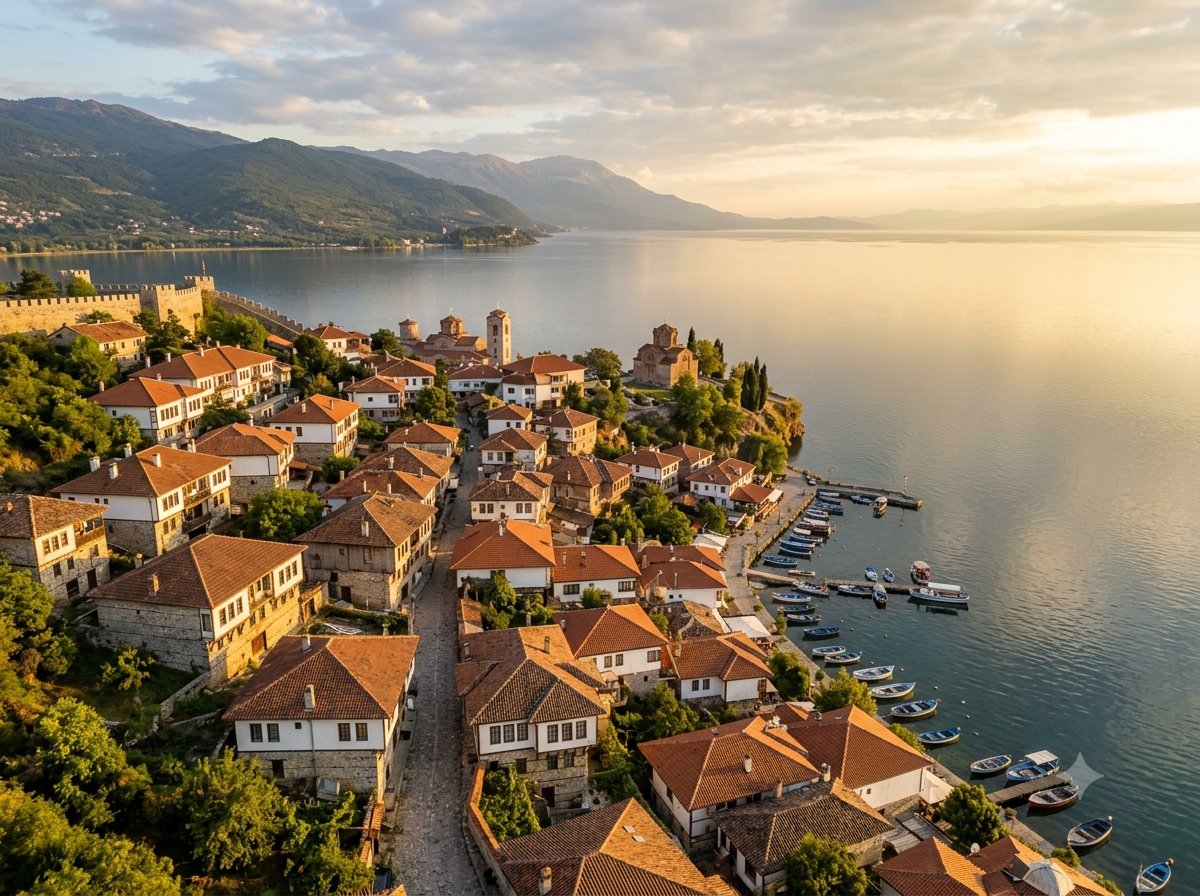Vieille ville d'Ohrid au bord du lac, maisons traditionnelles en pierre et bois