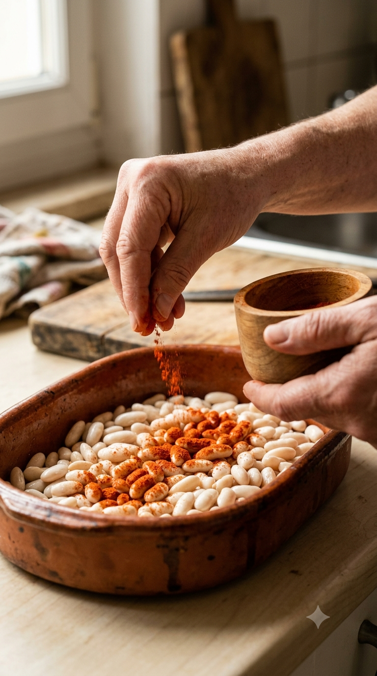 Mains saupoudrant du paprika rouge sur des haricots blancs disposés dans un plat en terre cuite