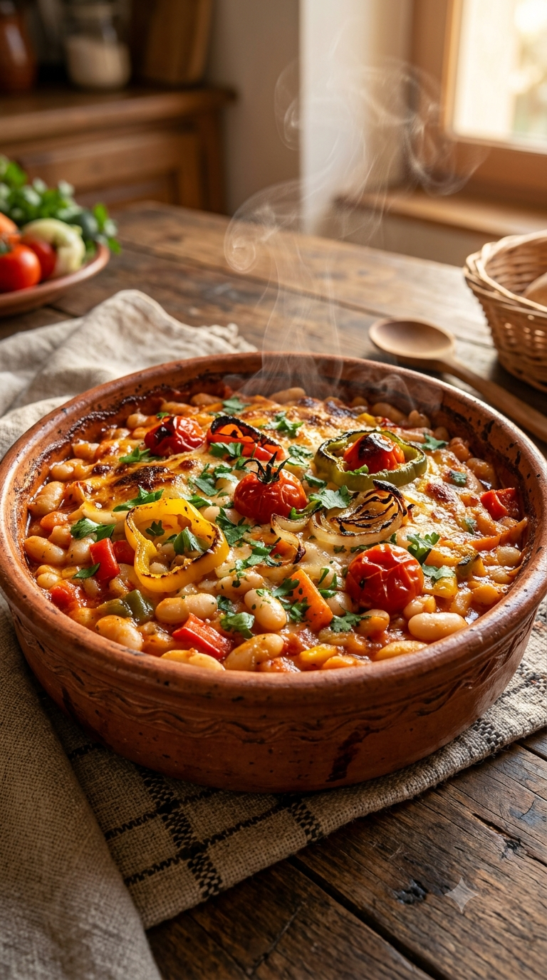 Plat en terre cuite traditionnel rempli de tavče gravče fumant, haricots blancs et poivrons gratinés