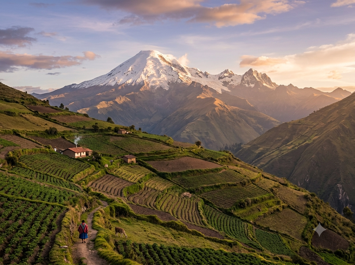 Volcans enneigés des Andes équatoriennes avec champs de pommes de terre en terrasses