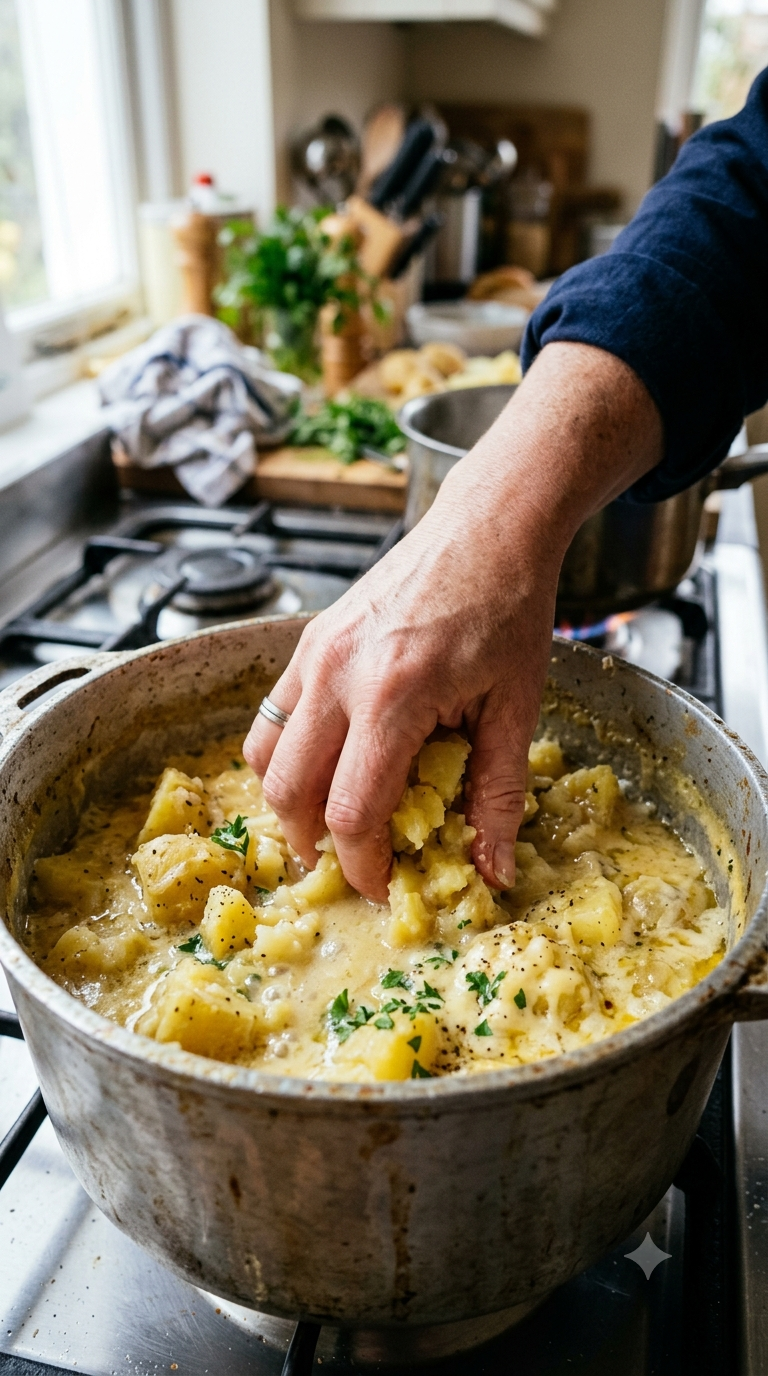 Main écrasant des morceaux de pomme de terre dans un bouillon crémeux au fromage