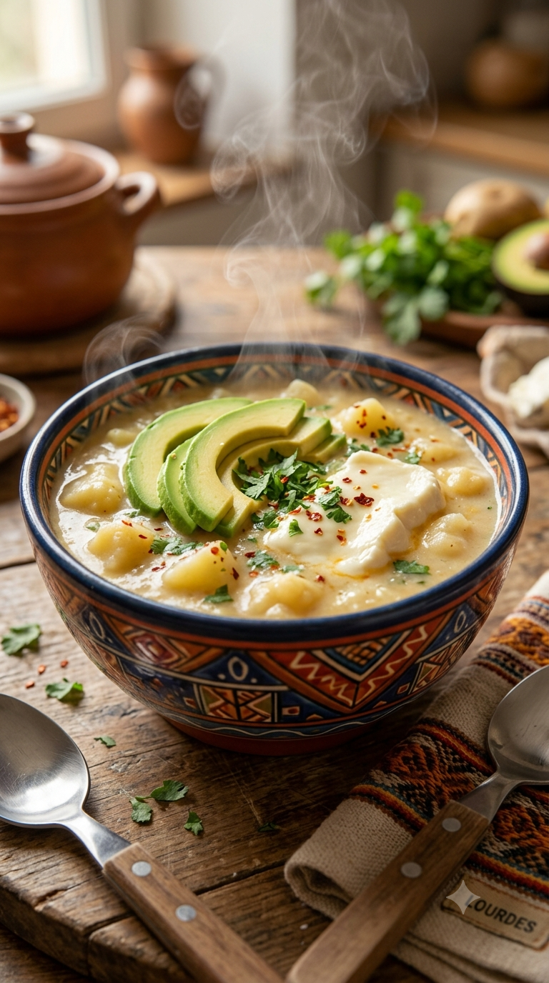Bol en céramique andine rempli de locro de papa fumant, texture crémeuse avec avocat et fromage fondant