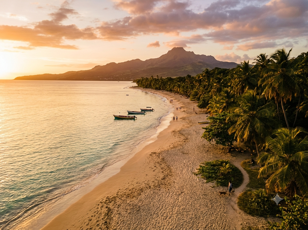 Plage tropicale de Martinique avec silhouette de la montagne Pelée et palmiers