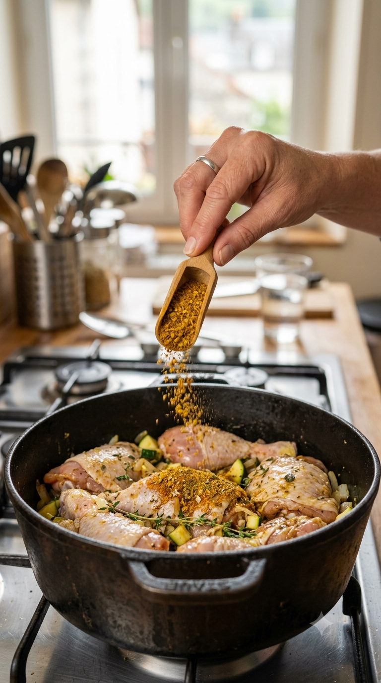 Main versant un mélange d'épices colombo sur des morceaux de poulet dans une marmite en fonte