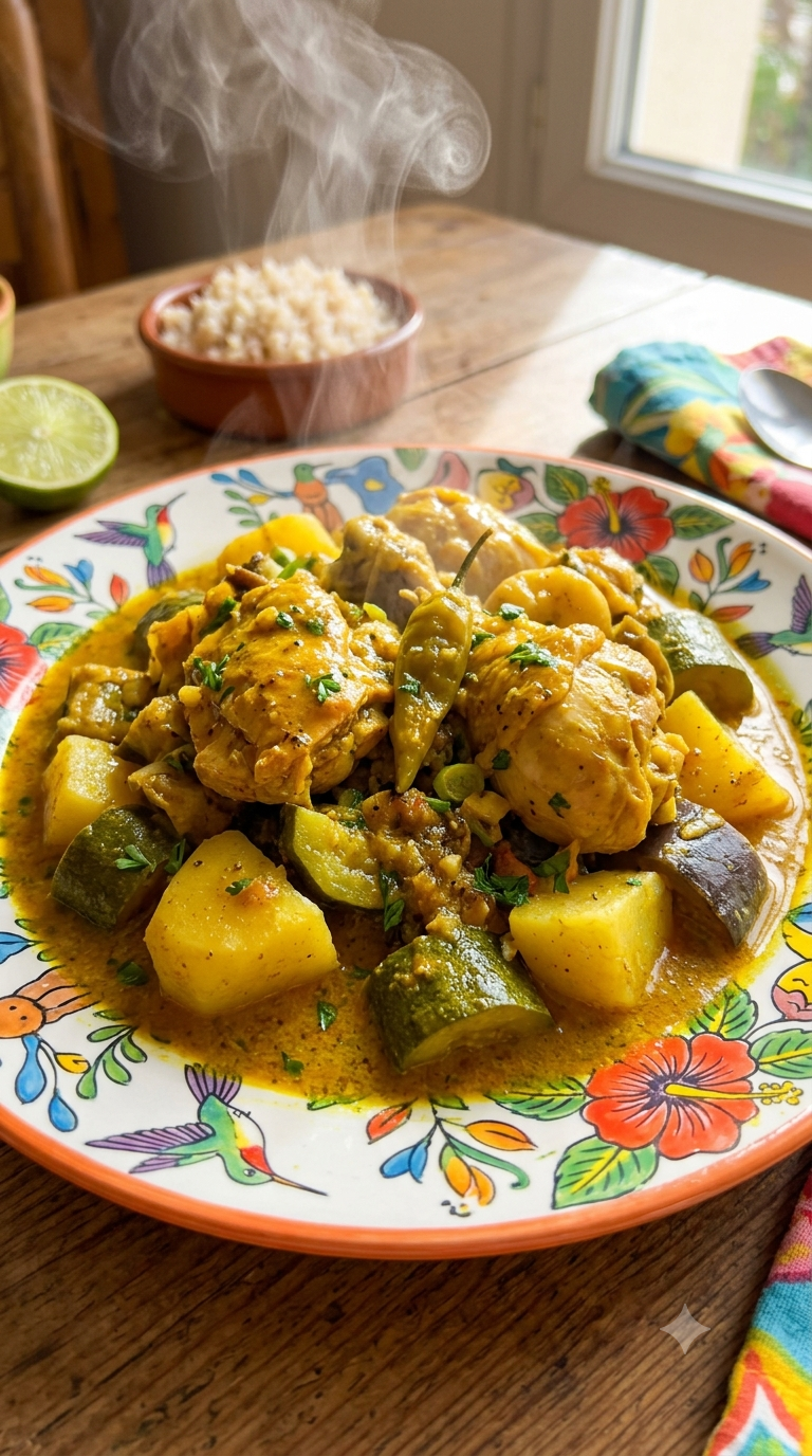Assiette en céramique créole remplie de colombo de poulet fumant, sauce épicée jaune orangée avec légumes