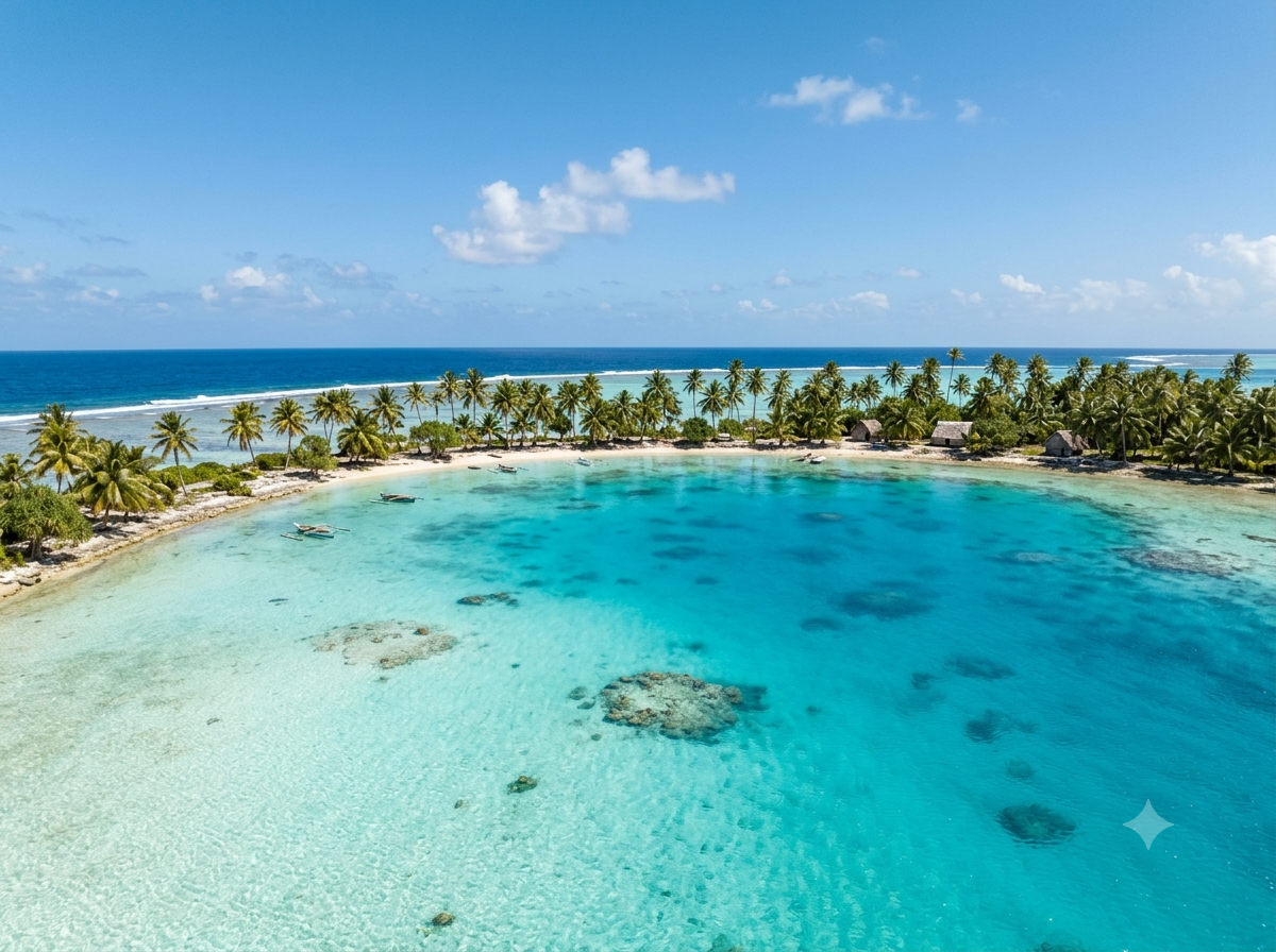 Atoll bas des Îles Marshall avec cocotiers bordant un lagon turquoise