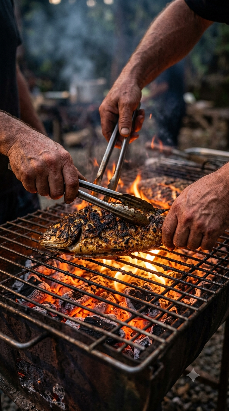 Mains retournant un poisson entier sur une grille au-dessus de braises rougeoyantes