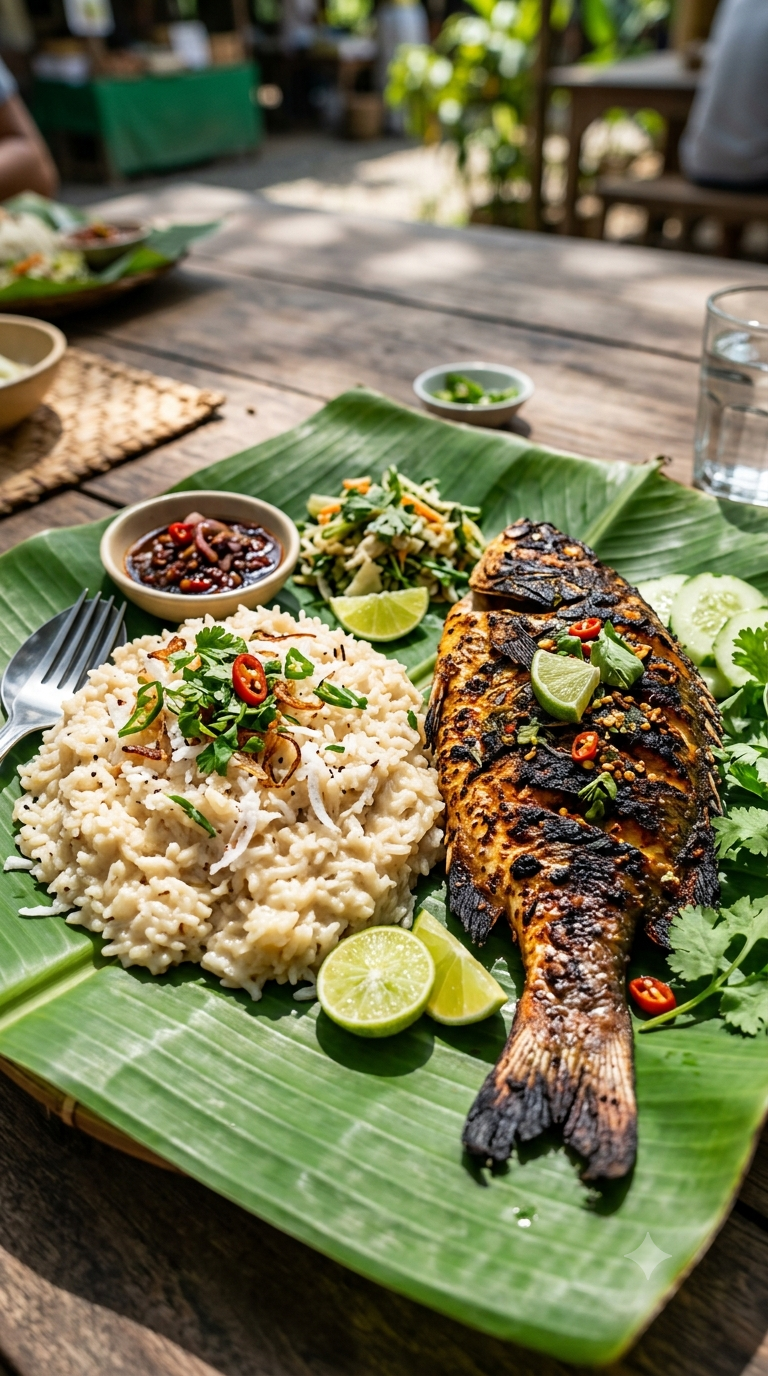 Riz crémeux au lait de coco accompagné d'un poisson entier grillé, servis sur une feuille de bananier