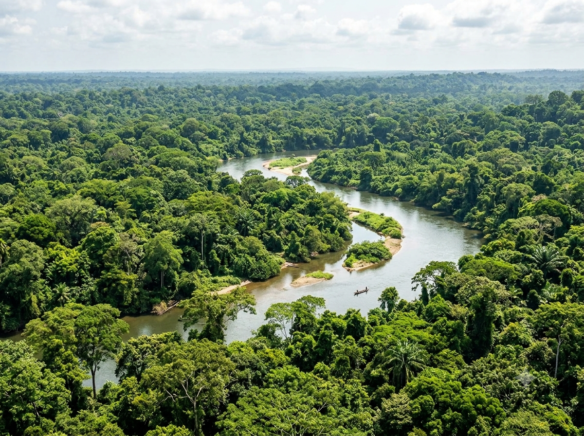 Forêt équatoriale dense du Gabon avec canopée verdoyante et rivière serpentant en contrebas